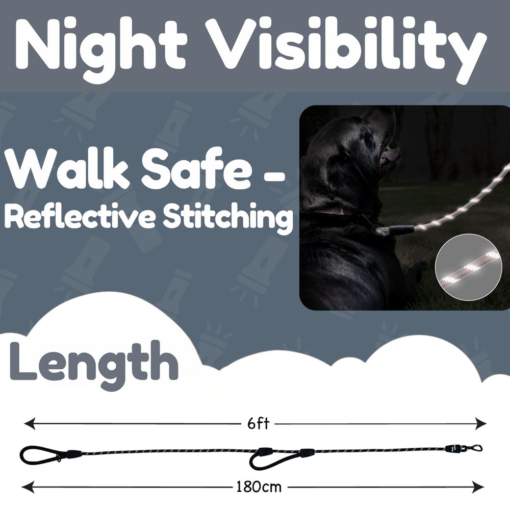 Roam Gear two-handle leash offers extended control and comfortable grip.
