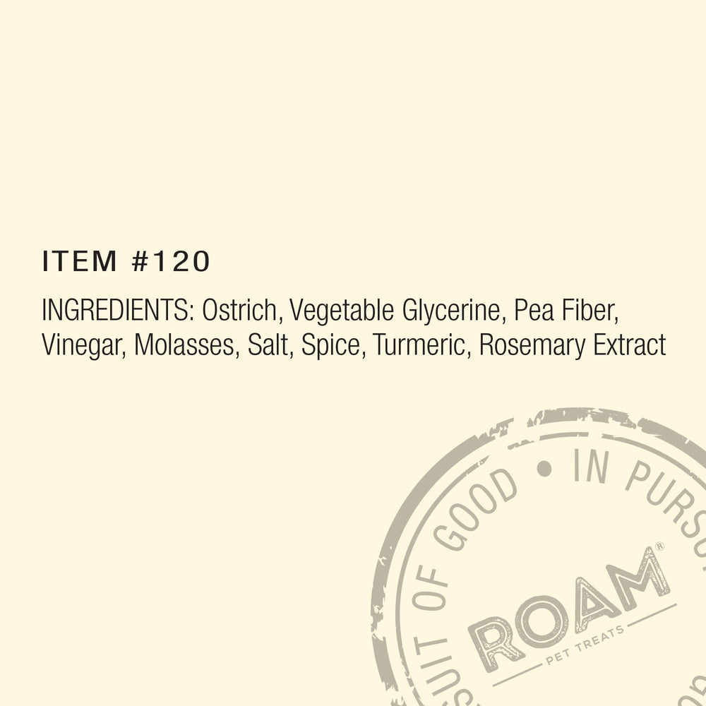 ROAM Ossy Jerky Ostrich Treats bag-open with resealable packaging for on-the-go snacking.
