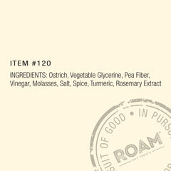 ROAM Ossy Jerky Ostrich Treats bag-open with resealable packaging for on-the-go snacking.