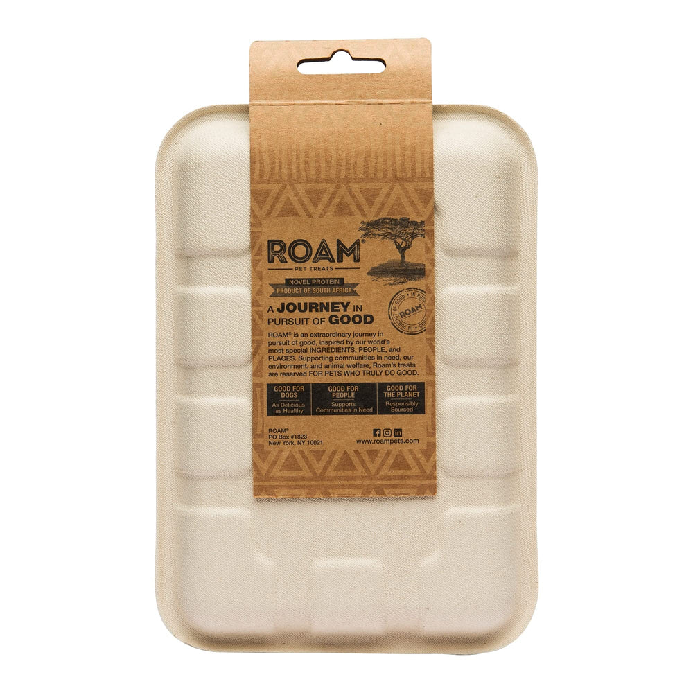 ROAM Ossy Jerky Ostrich Treats close-up ingredients emphasizing limited ingredients.
