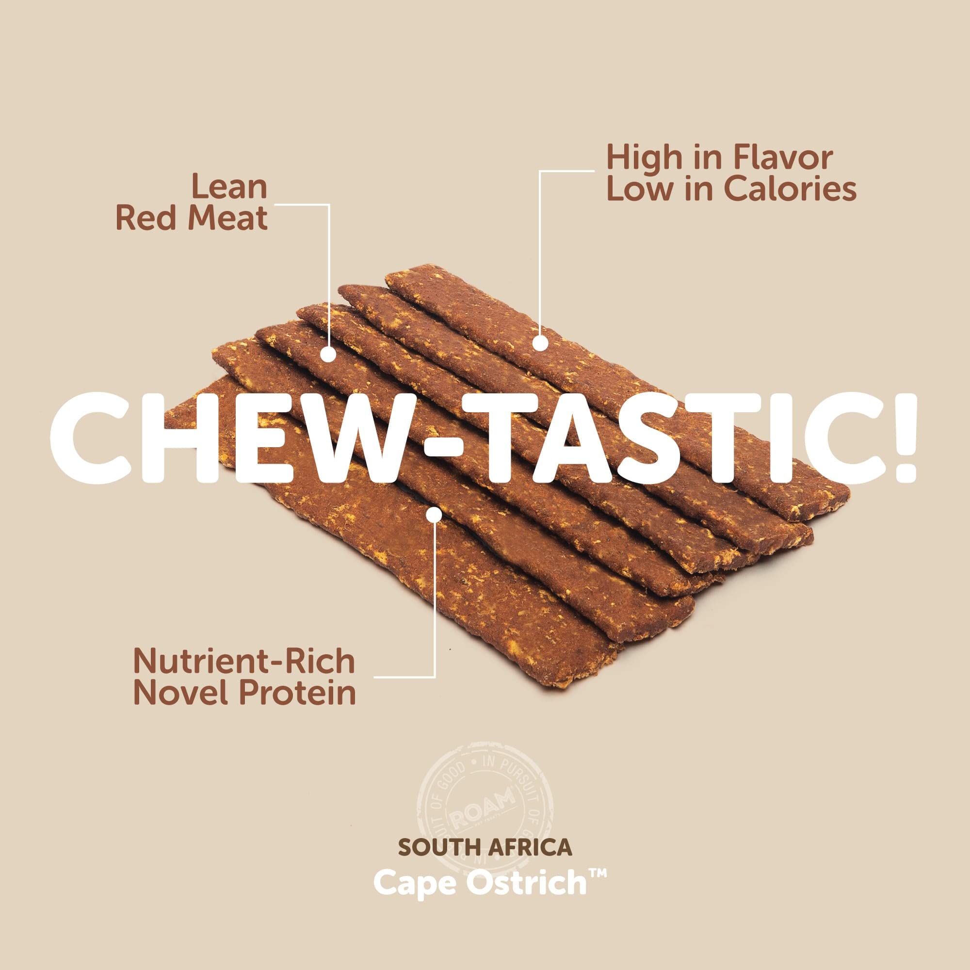 ROAM Ossy Jerky Ostrich Treats novel-protein-info graphic highlighting ostrich protein option.