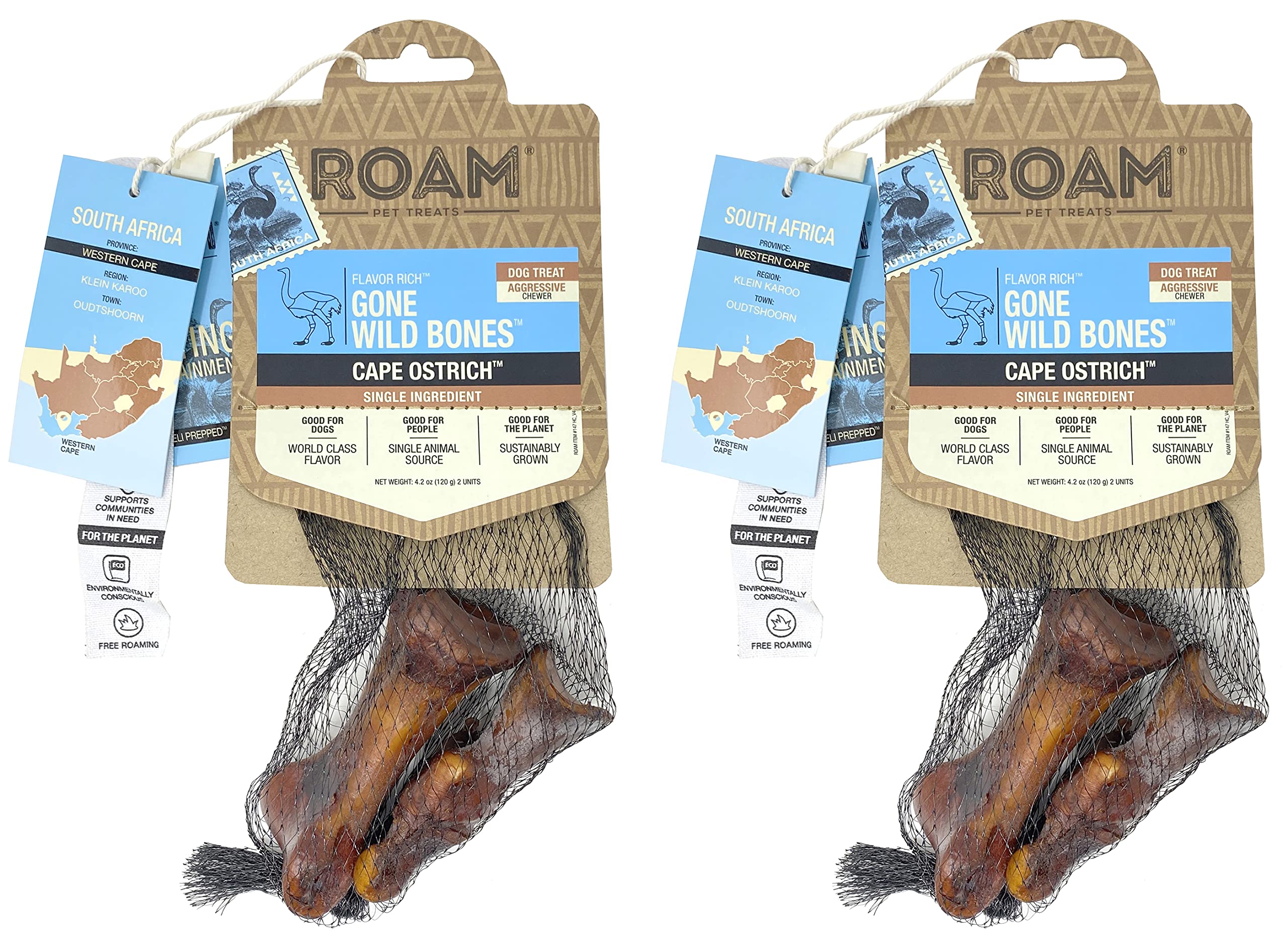 ROAM ostrich dog chew closeup shows long-lasting chew for small to medium dogs.