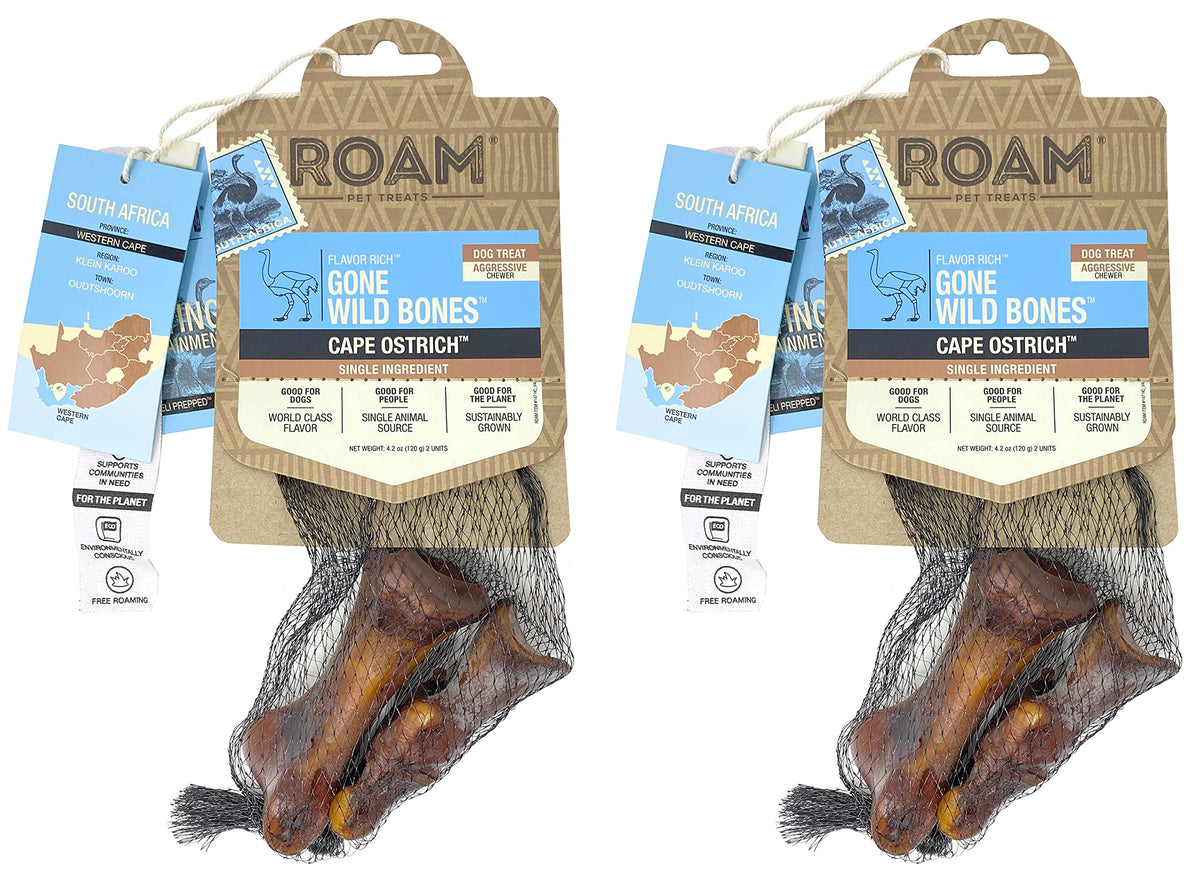 ROAM ostrich dog chew closeup shows long-lasting chew for small to medium dogs.