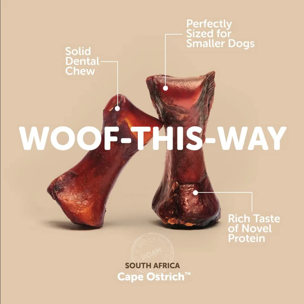 ROAM ostrich dog chew pack2 shows value pack for small to medium breeds.