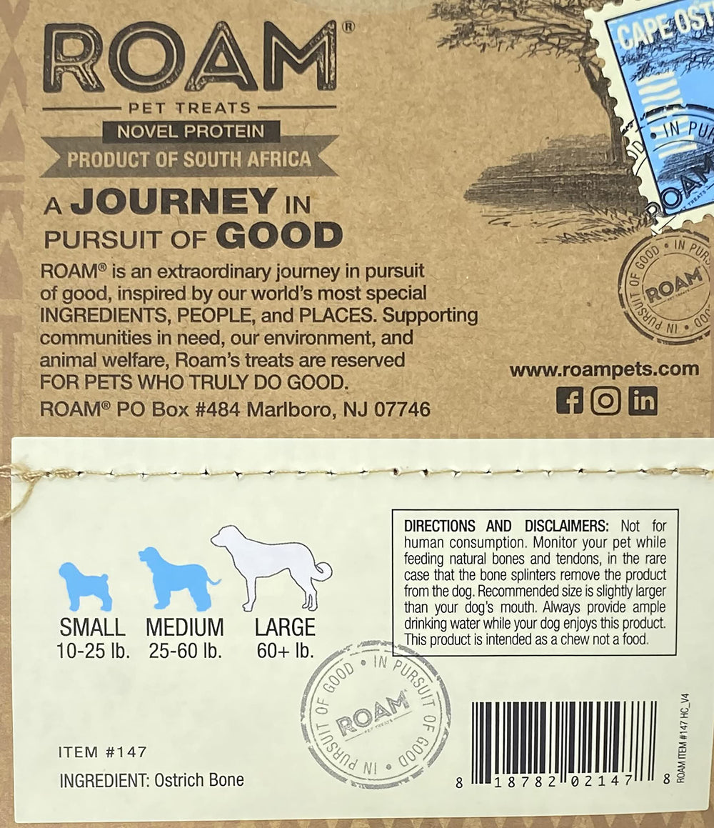 ROAM ostrich dog chew packaging emphasizes ethical sourcing and community support.