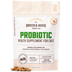 Rocco & Roxie cat probiotics bottle close-up showing gut-supporting formula