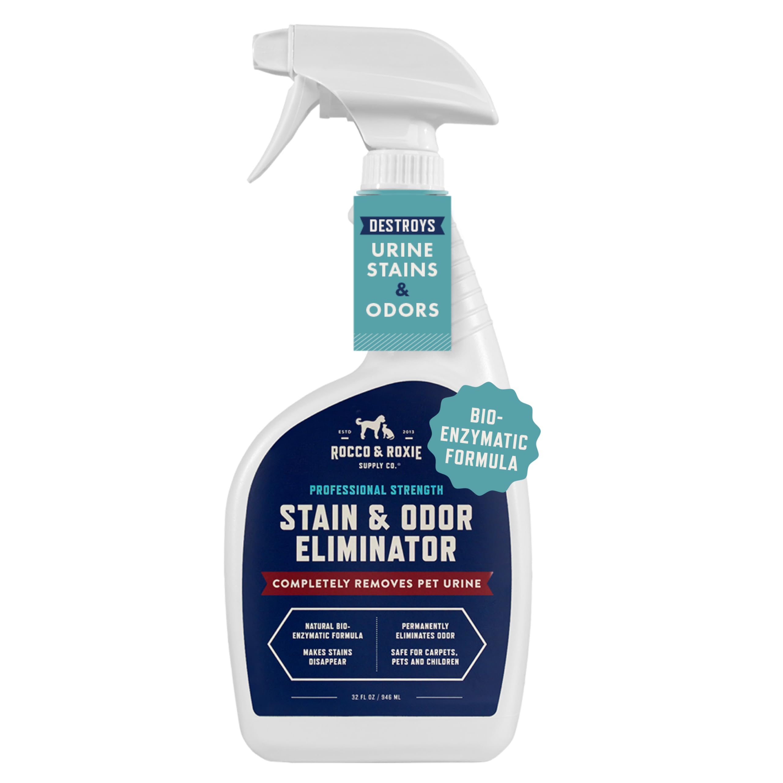 Rocco & Roxie stain-odor-eliminator bottle on shelf signals pet safe cleaning