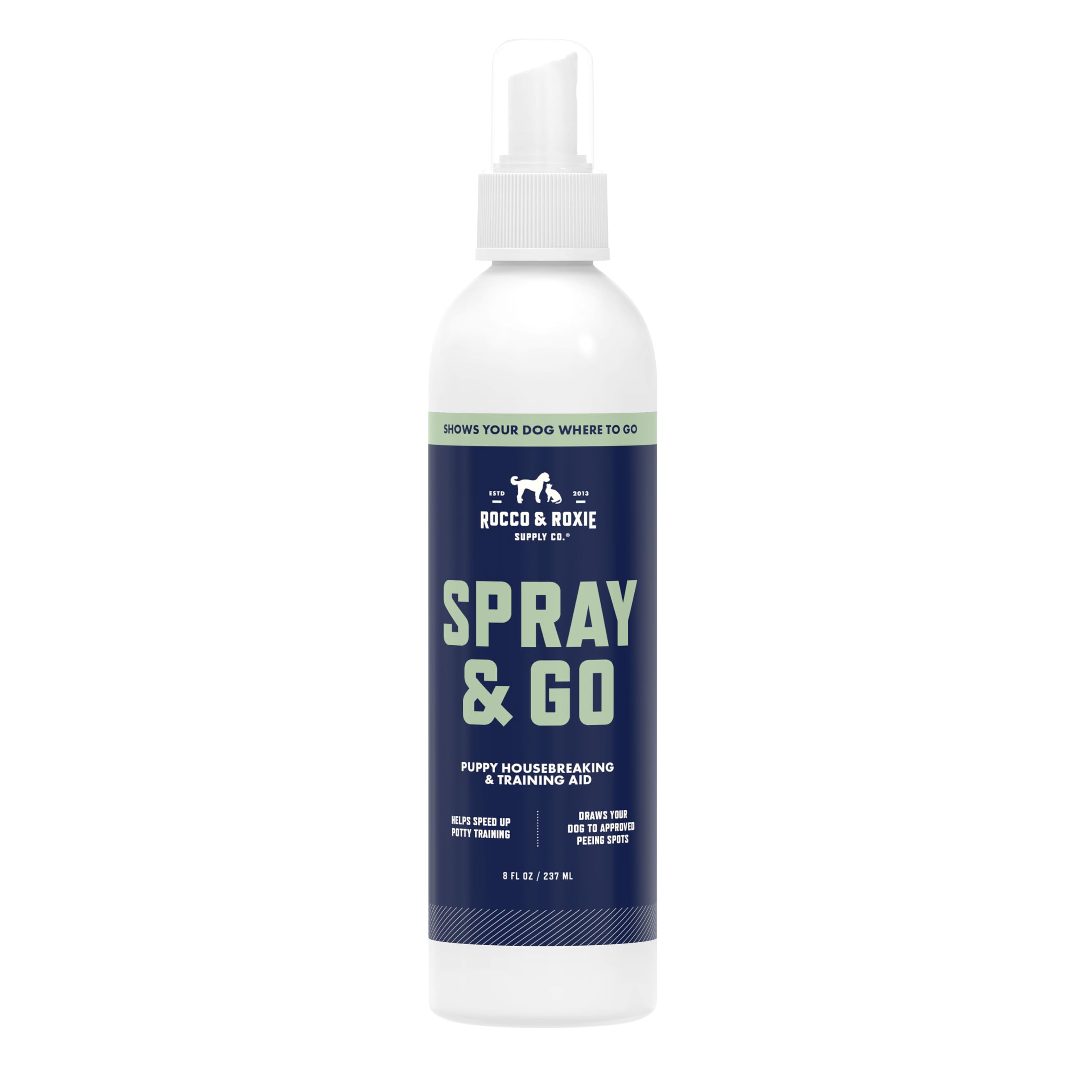 Rocco & Roxie Go Here spray bottle with nozzle guides puppy to pee pad for faster training.