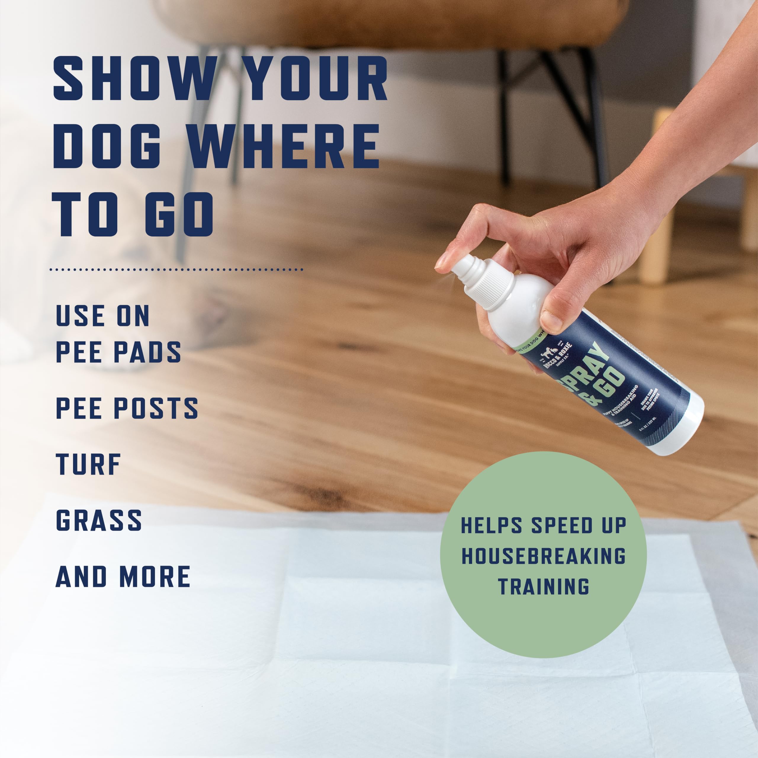 Rocco & Roxie Go Here spray used on grass and turf to teach outdoor potty spots.