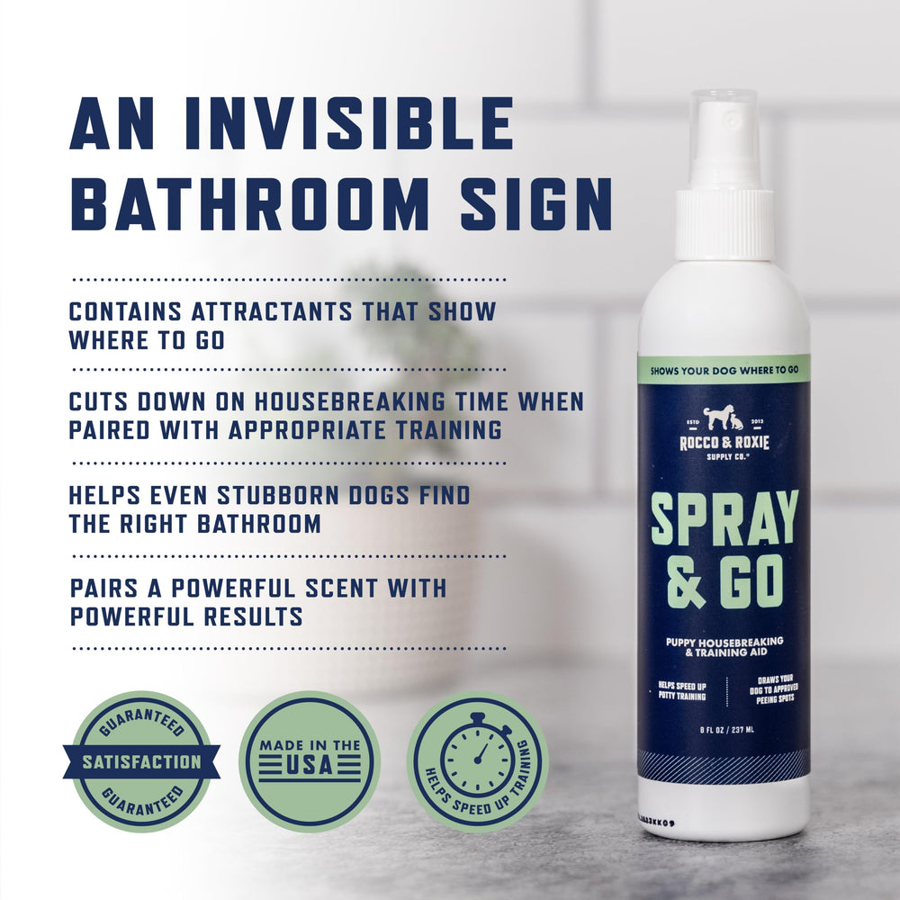 Rocco & Roxie Go Here spray on pee pads to guide potty training sessions.