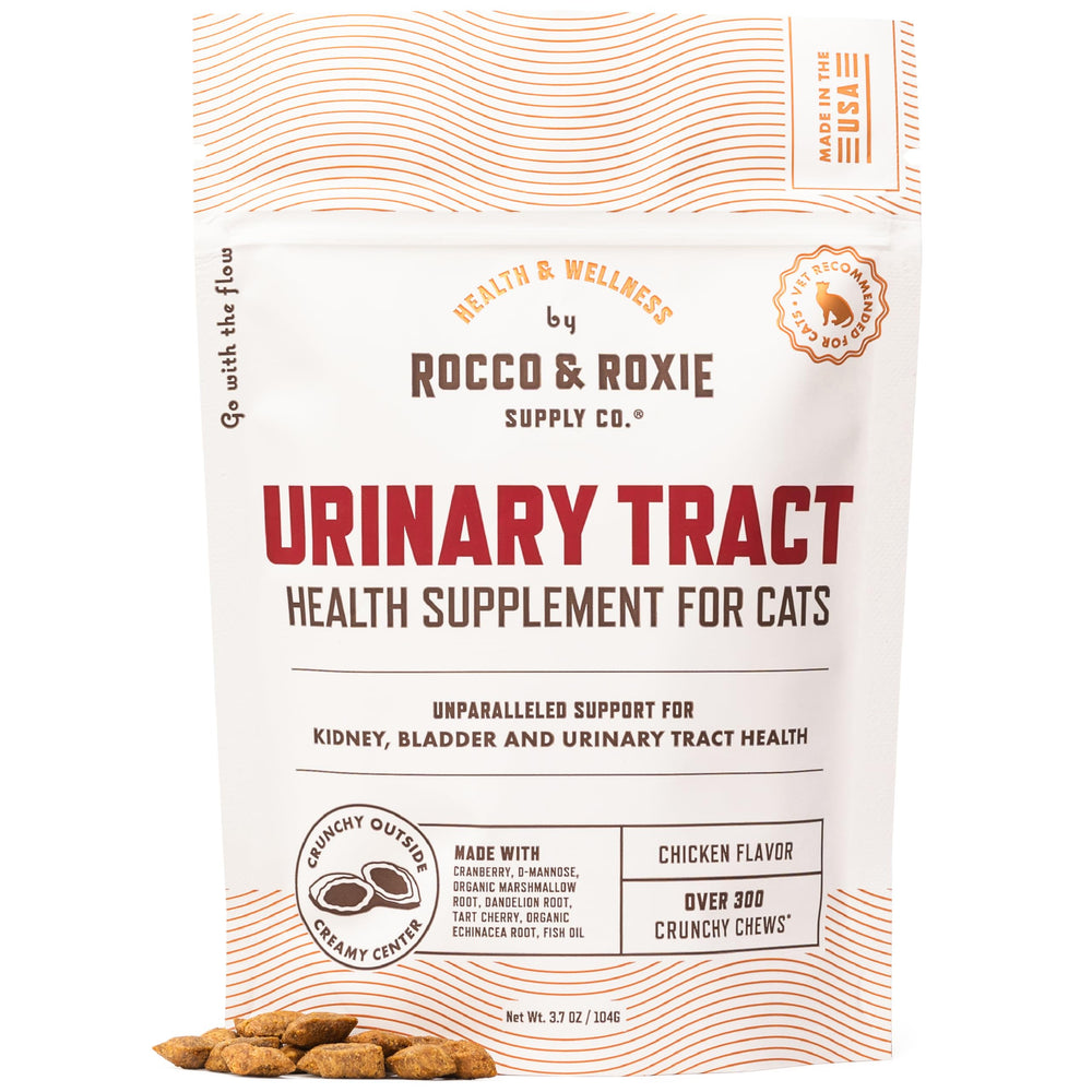 Frasco de Rocco & Roxie, suplemento urinario para gatos, apoyo a la salud urinaria.