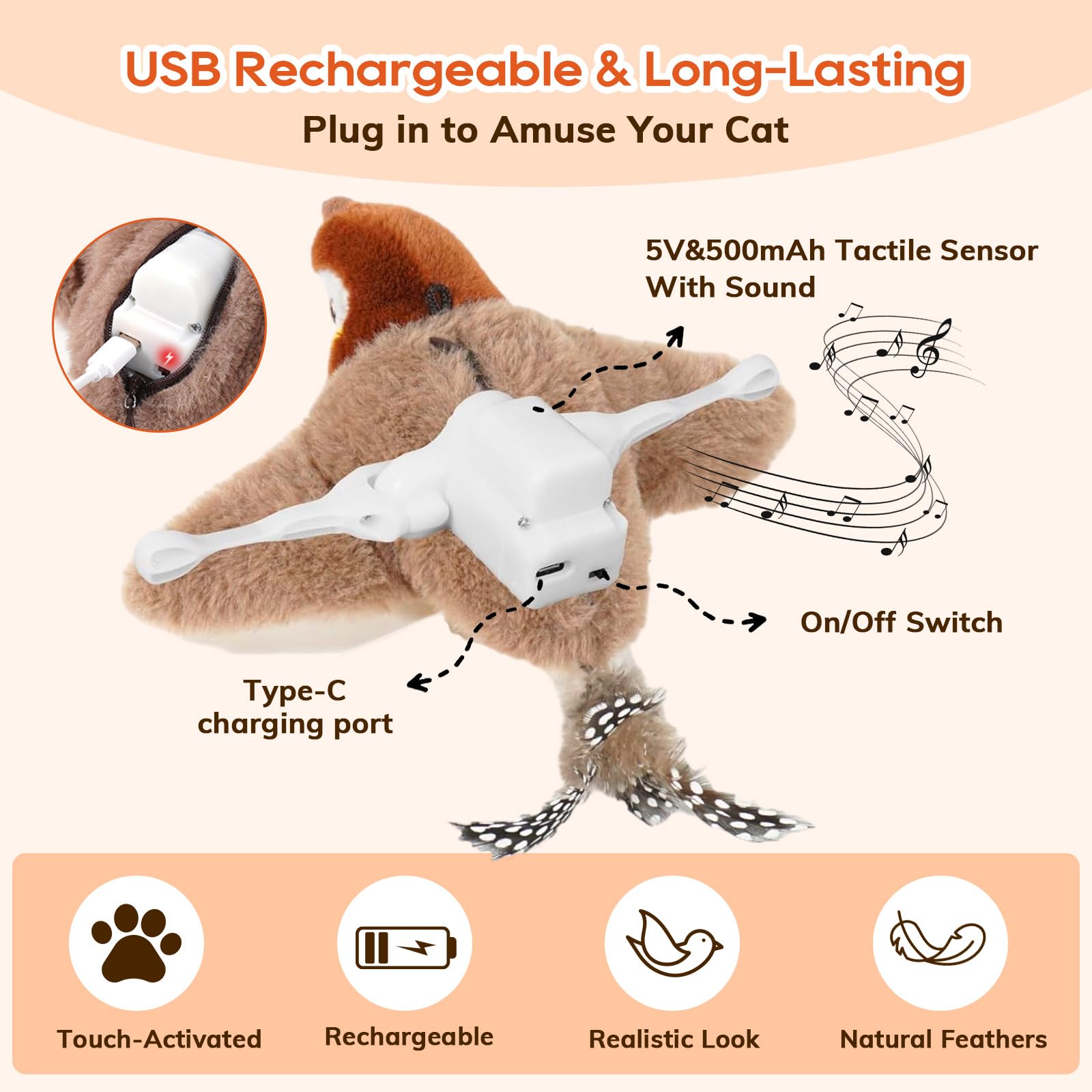 Rocfish chirping bird cat toy emits realistic sounds to spark curiosity.