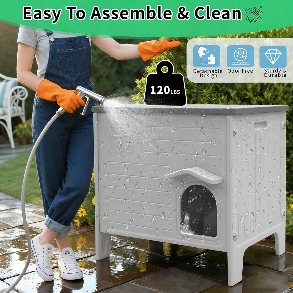 Rockever outdoor cat house rain protection with large eaves.