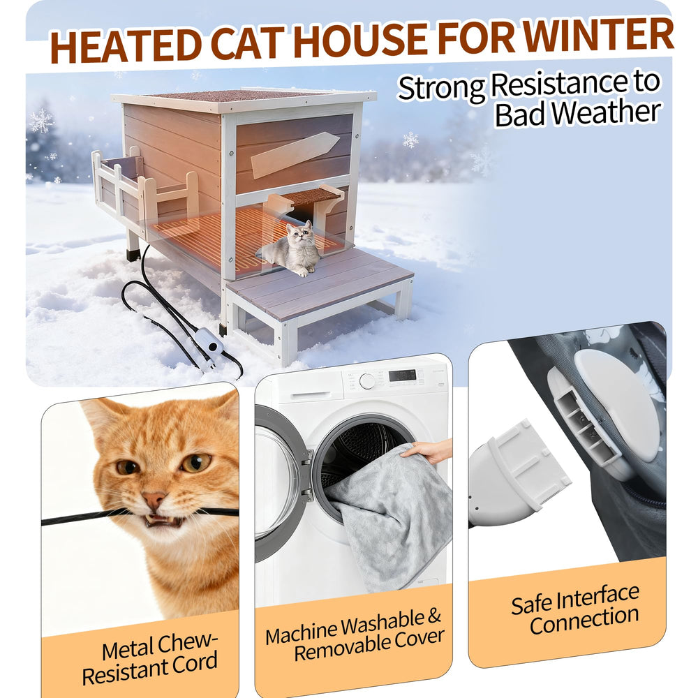 Rockever heated cat house escape door feature with PVC curtain enables quick safe retreat.