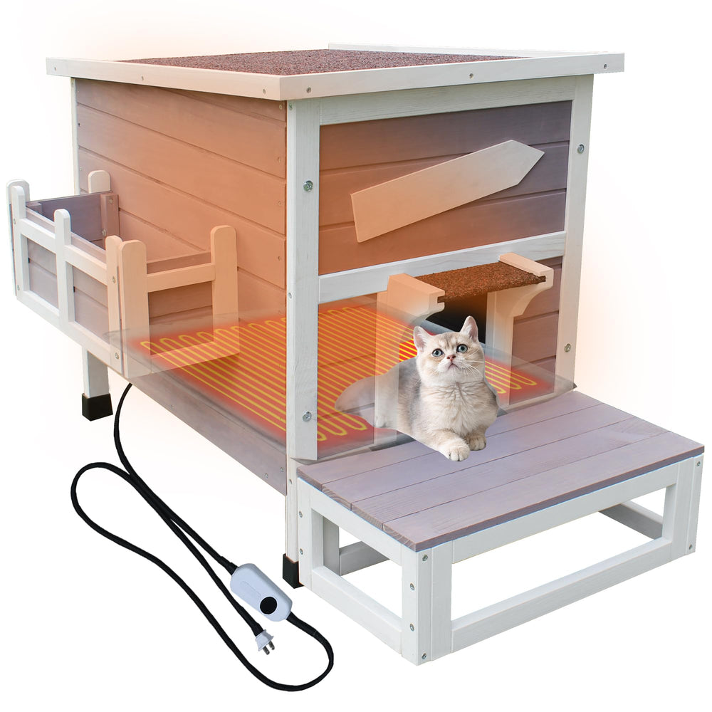 Rockever heated cat house exterior shot shows durable weatherproof shelter for outdoor cats.