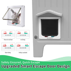 Rockever insulated outdoor cat house escape door in use for feral cats.