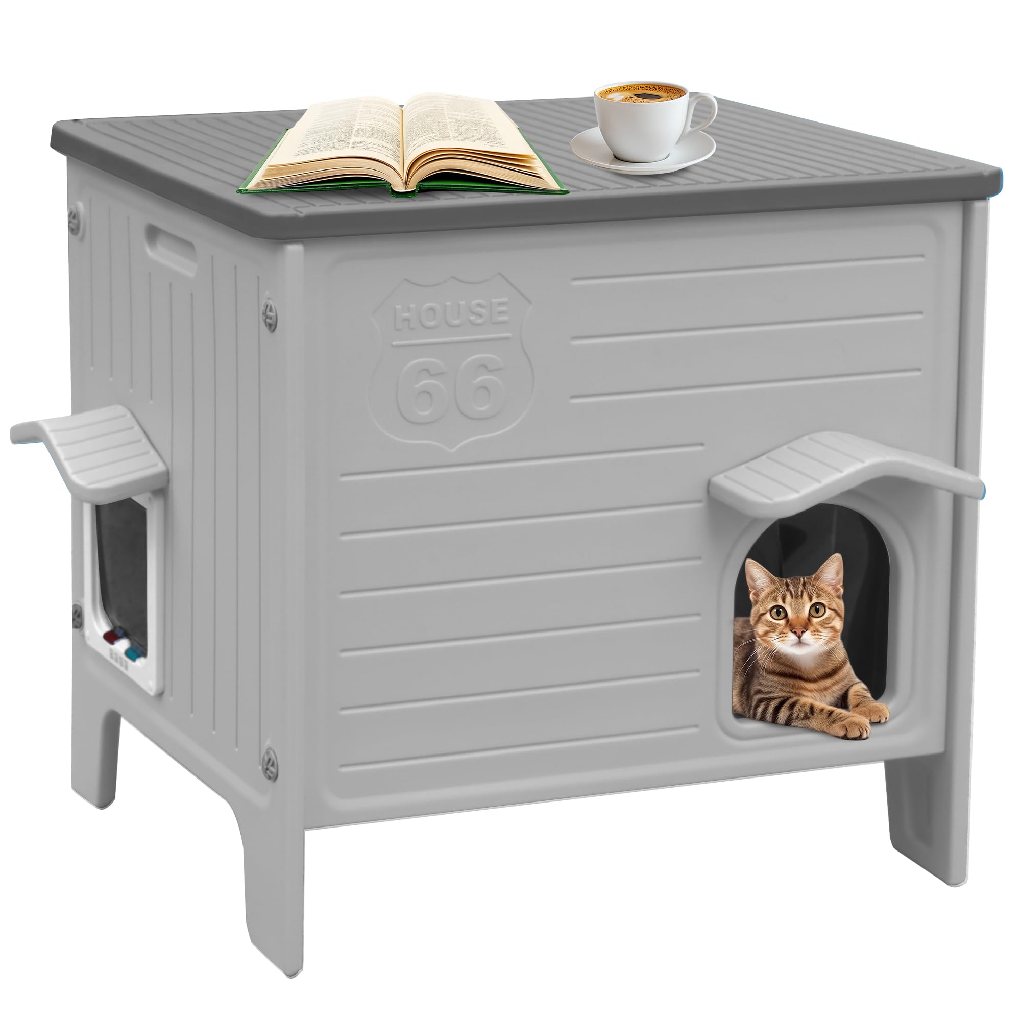 Rockever insulated outdoor cat house front view shows roomy interior for lounging.
