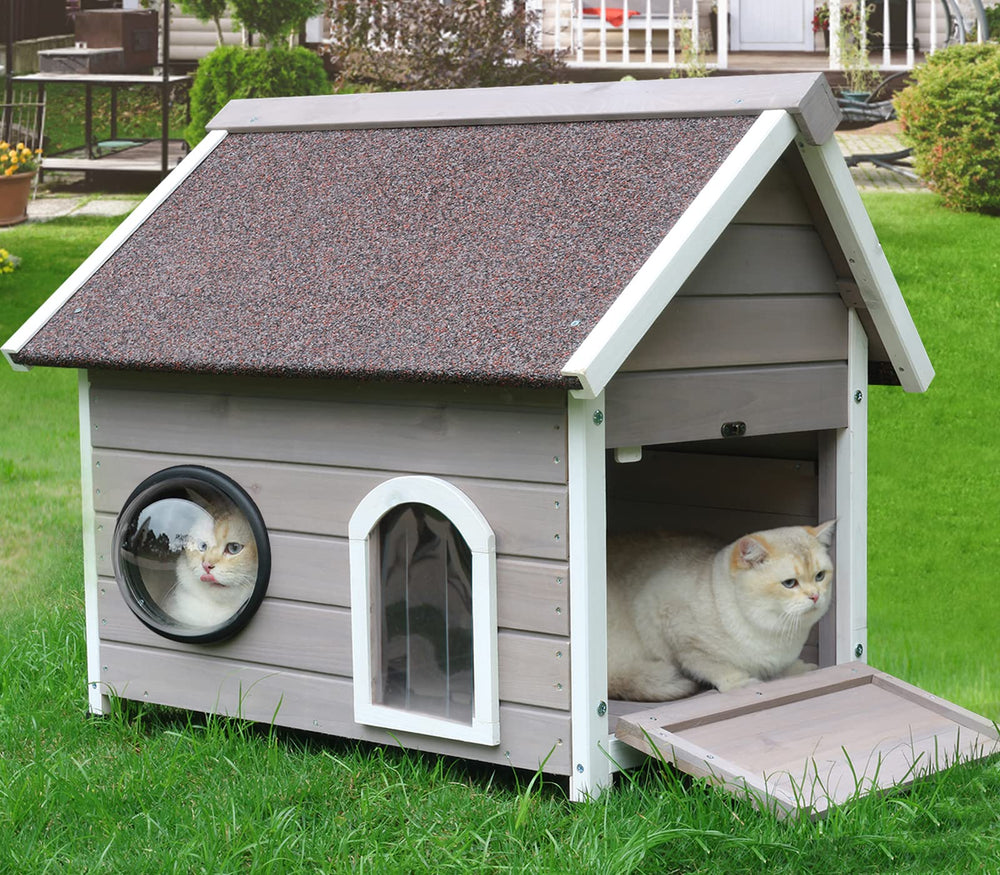 Rockever outdoor cat house front view shows weatherproof construction for two cats.