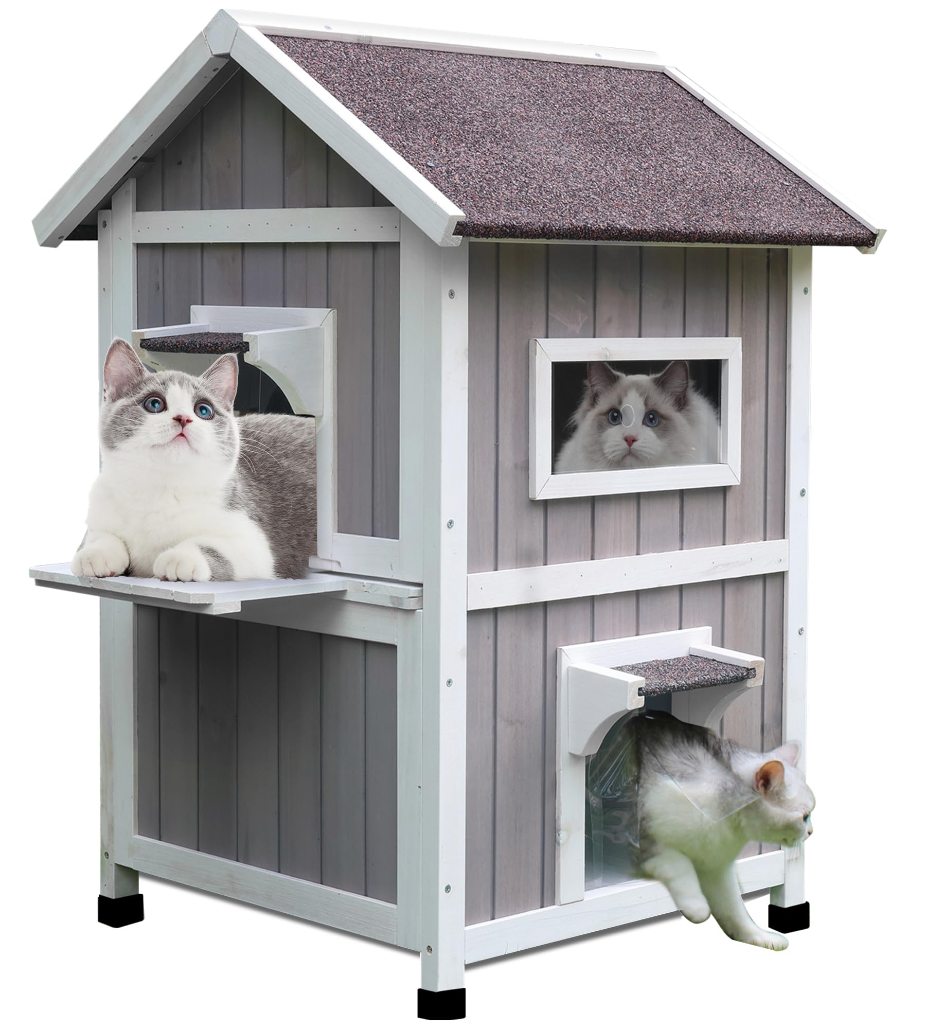 Rockever Outdoor Cat House front view highlights weatherproof shelter for feral cats.
