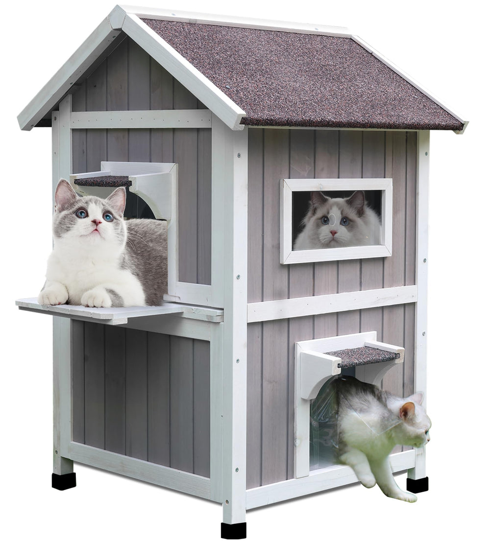 Rockever Outdoor Cat House front view highlights weatherproof shelter for feral cats.