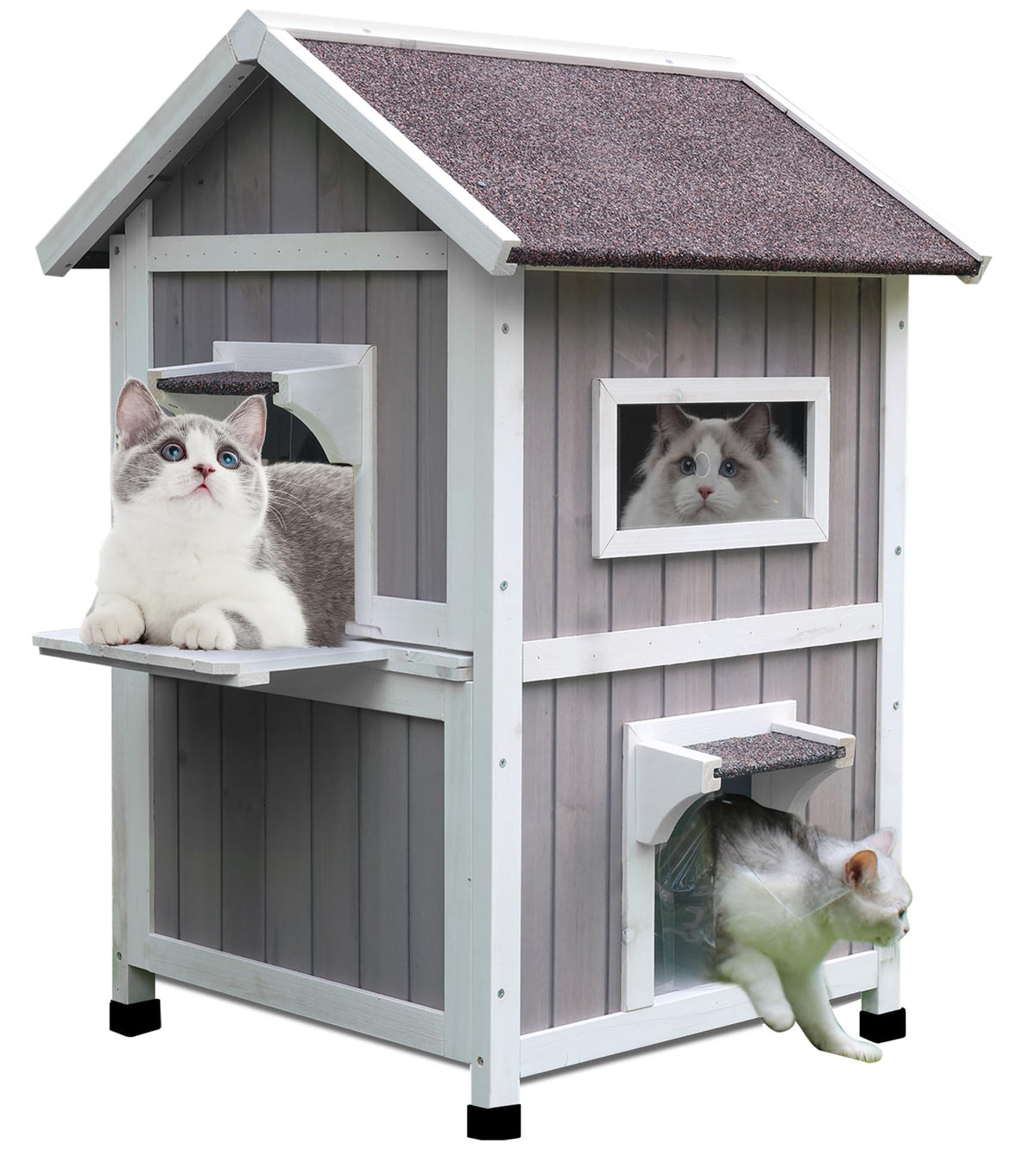 Rockever Outdoor Cat House front view highlights weatherproof shelter for feral cats.
