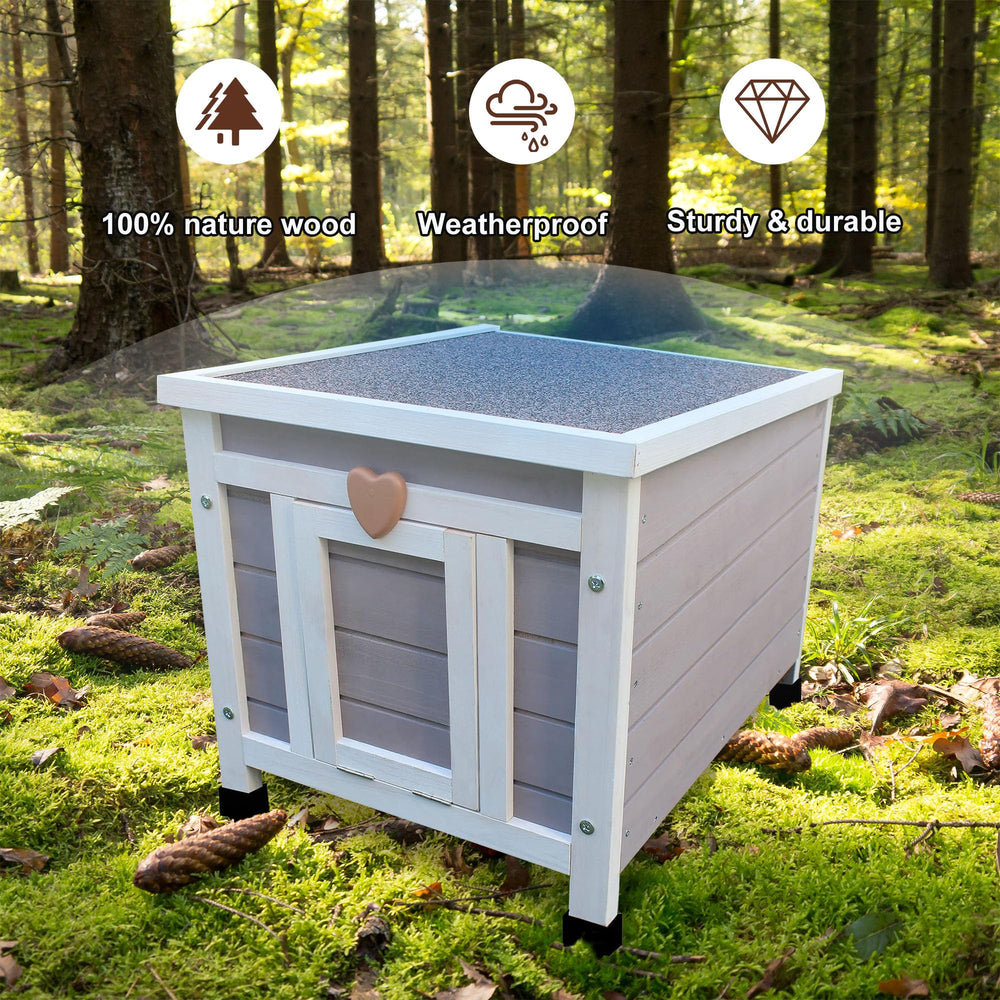 Rockever outdoor cat house grey waterproof paint helps keep interior dry.