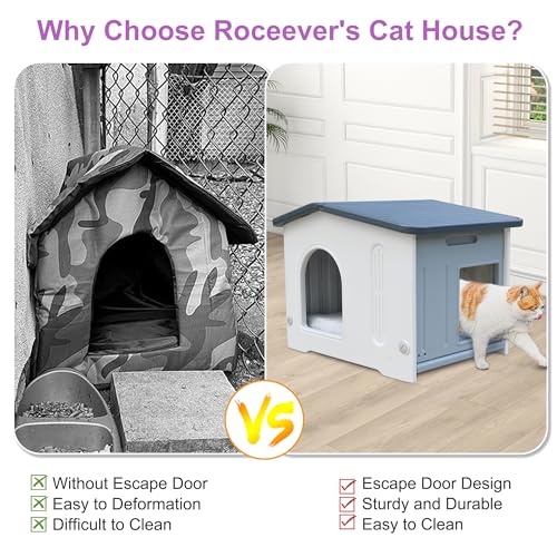 Rockever outdoor cat house with PVC curtain escape door blocks drafts.