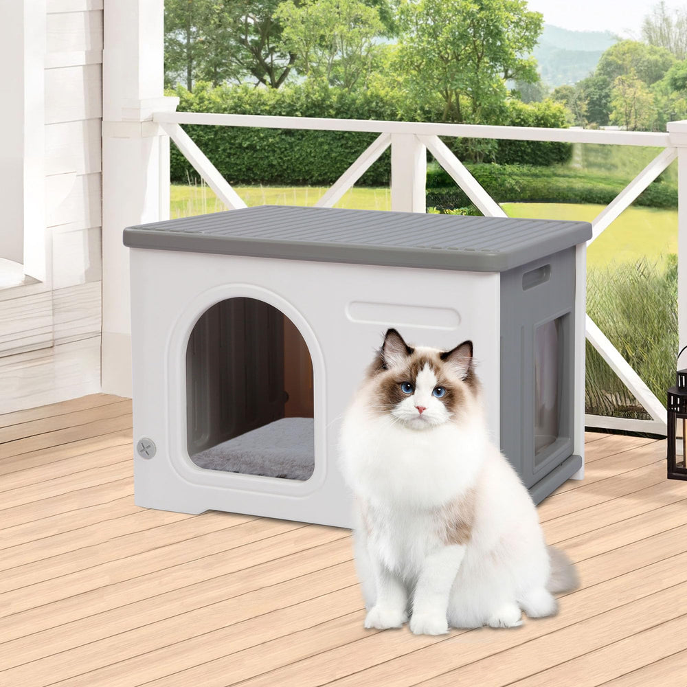 Rockever weatherproof cat house designed for outdoor durability.