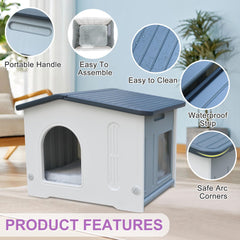 Rockever weatherproof cat shelter with sloped roof for rain drainage.