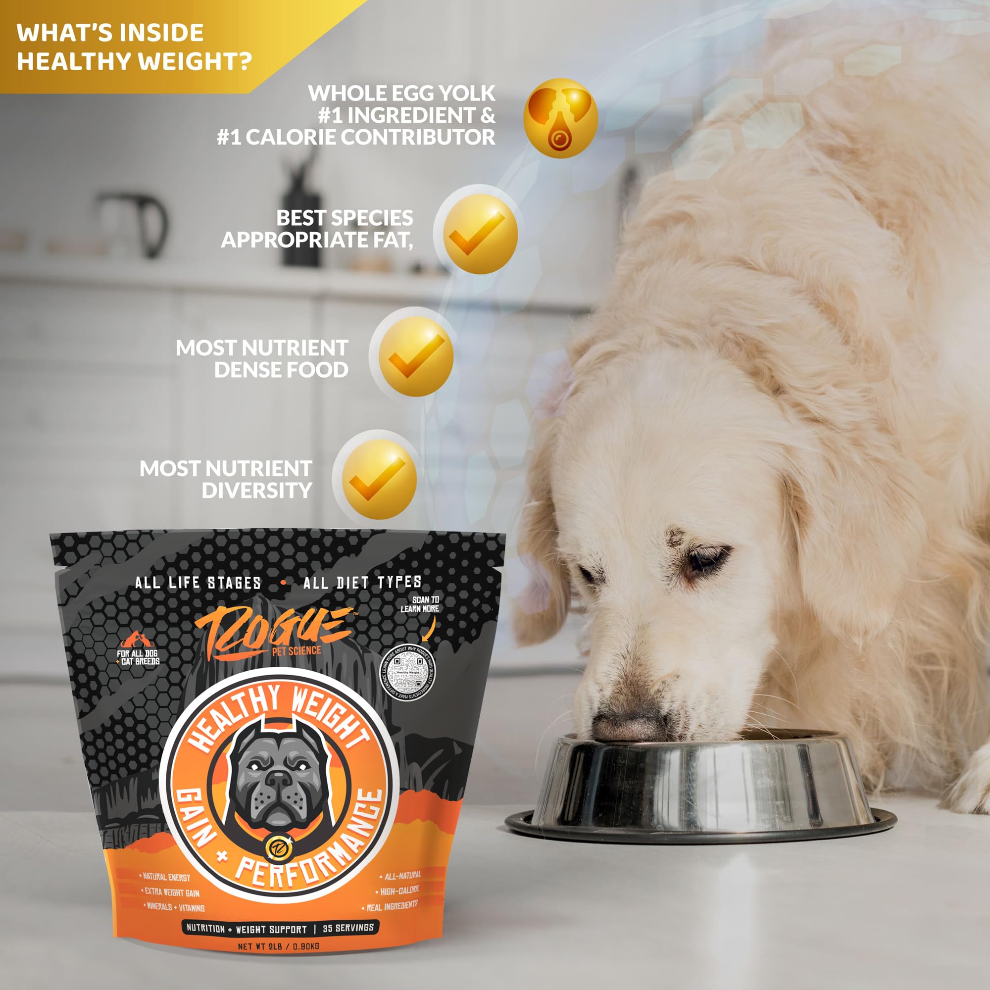 Rogue Pet Science Healthy Weight features egg, barley, and sweet potato for gut-friendly calories.