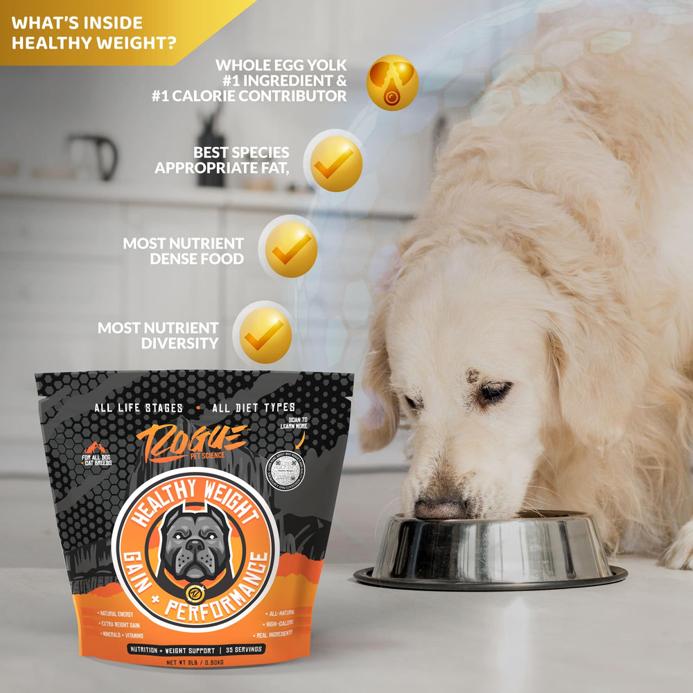 Rogue Pet Science Healthy Weight features egg, barley, and sweet potato for gut-friendly calories.