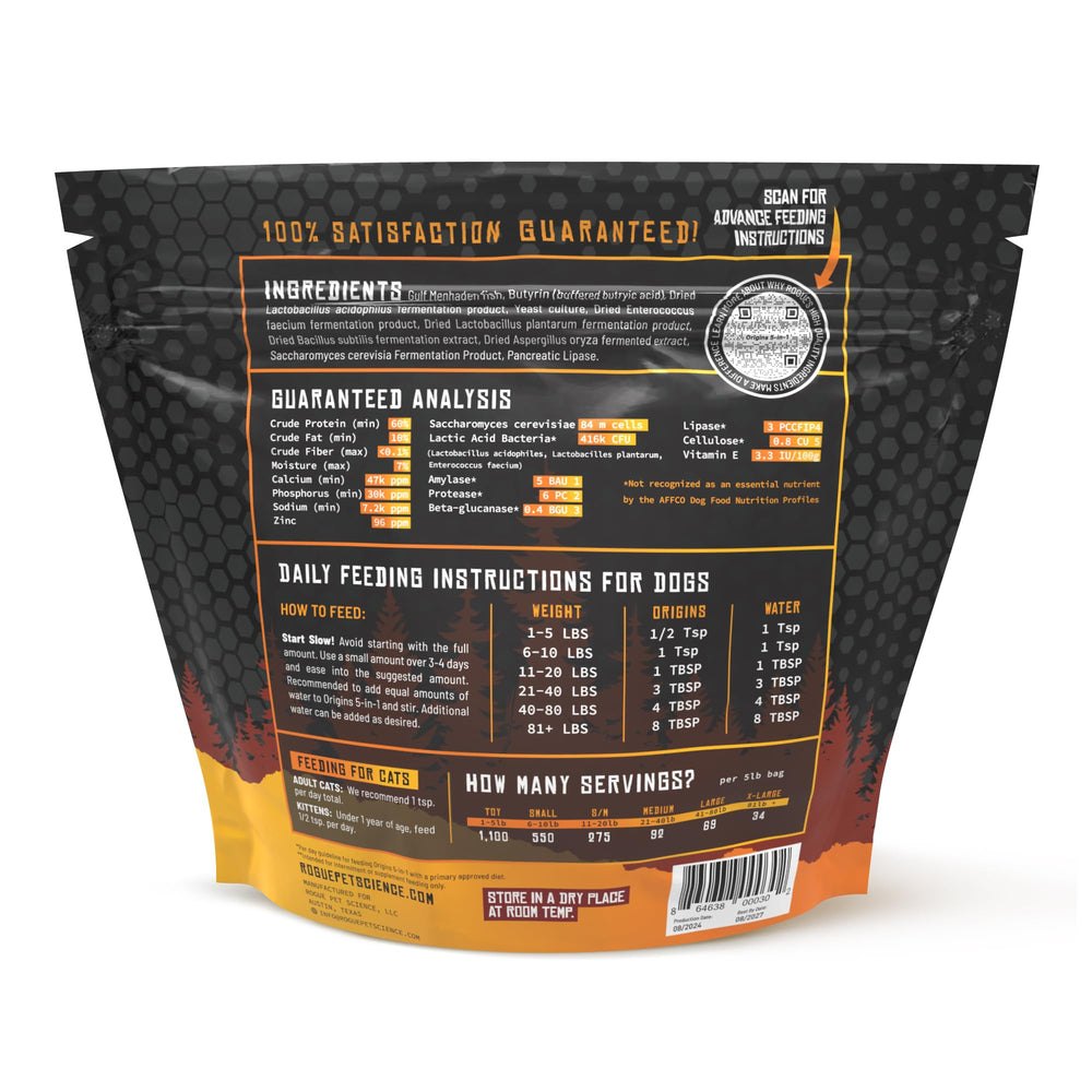 Rogue Pet Science Origins 5-in-1 gut-health-probiotics image emphasizes digestion-friendly formula.