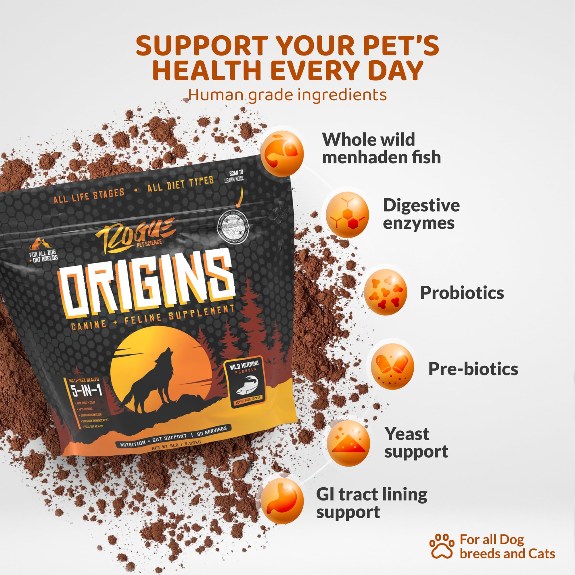 Rogue Pet Science Origins 5-in-1 powder in dish shows mealtime topper potential.