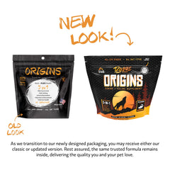 Rogue Pet Science Origins 5-in-1 tub label close-up highlights USA-made nutrition.