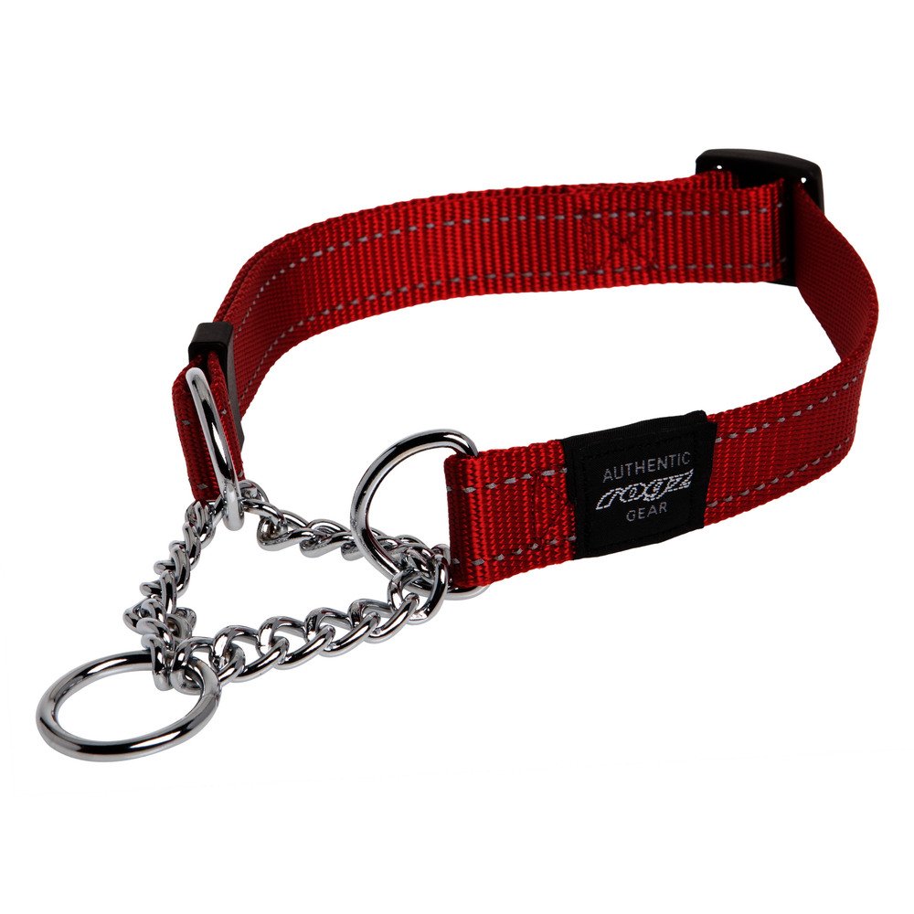 Rogz reflective choke collar red closeup, 1-inch width, high visibility for large dogs.