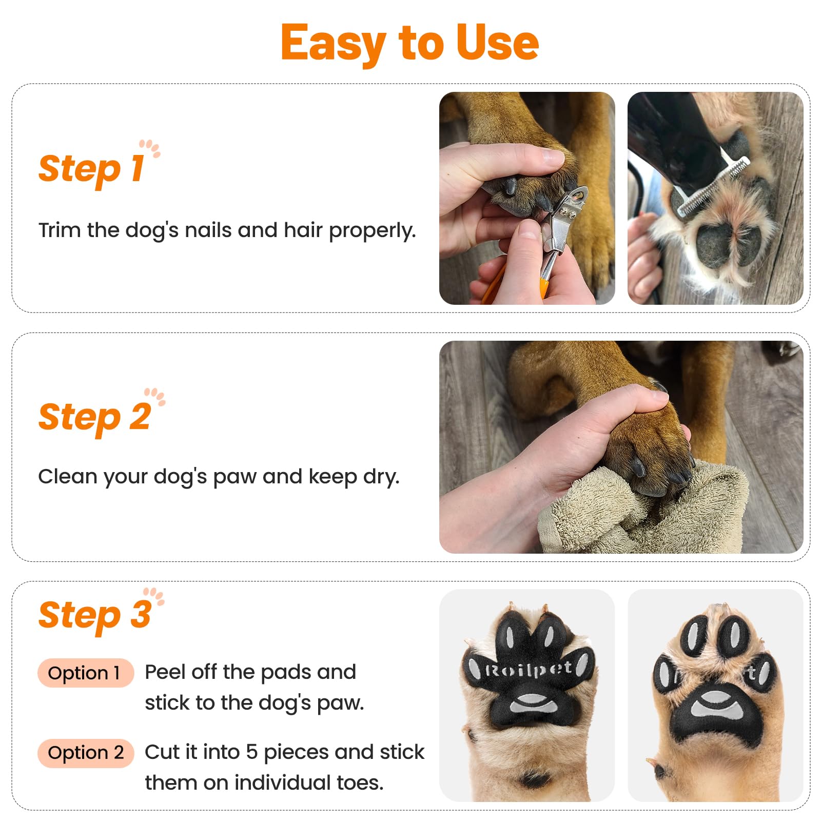 Roilpet breathable paw pads in place show comfortable wear.