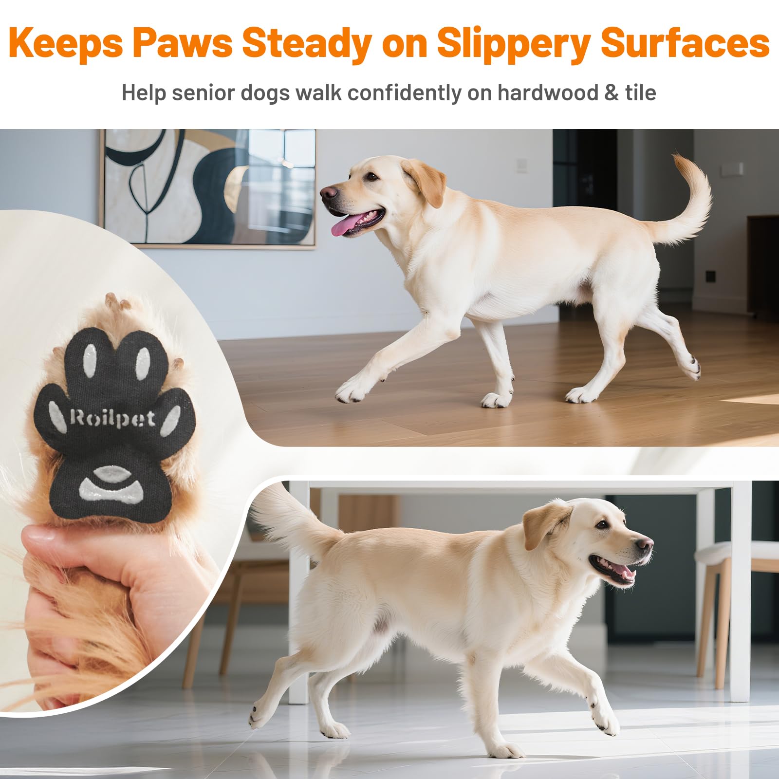 Roilpet paw grips easy to apply for quick traction on floors.