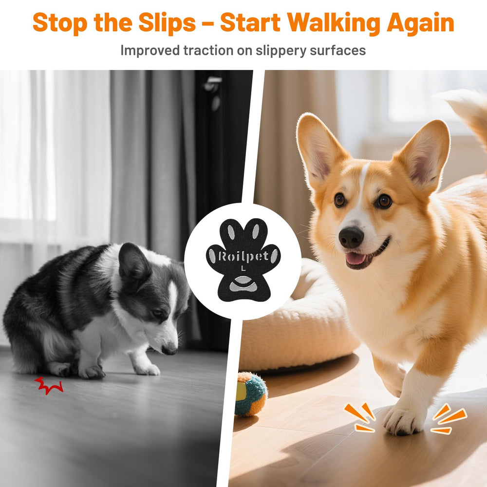 Roilpet paw grips tested on hardwood floor for better stability.