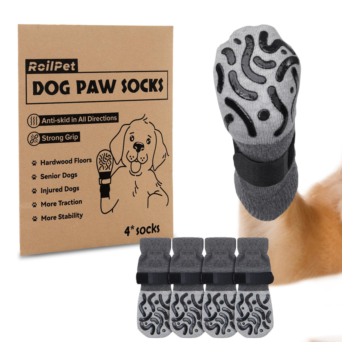 Roilpet double-sided non-slip dog socks demonstrate secure traction on hardwood floors.