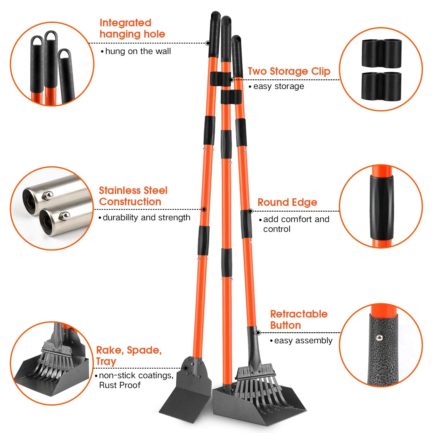 ROIUBPO heavy-duty metal rake ensures reliable waste pickup for all dog sizes.
