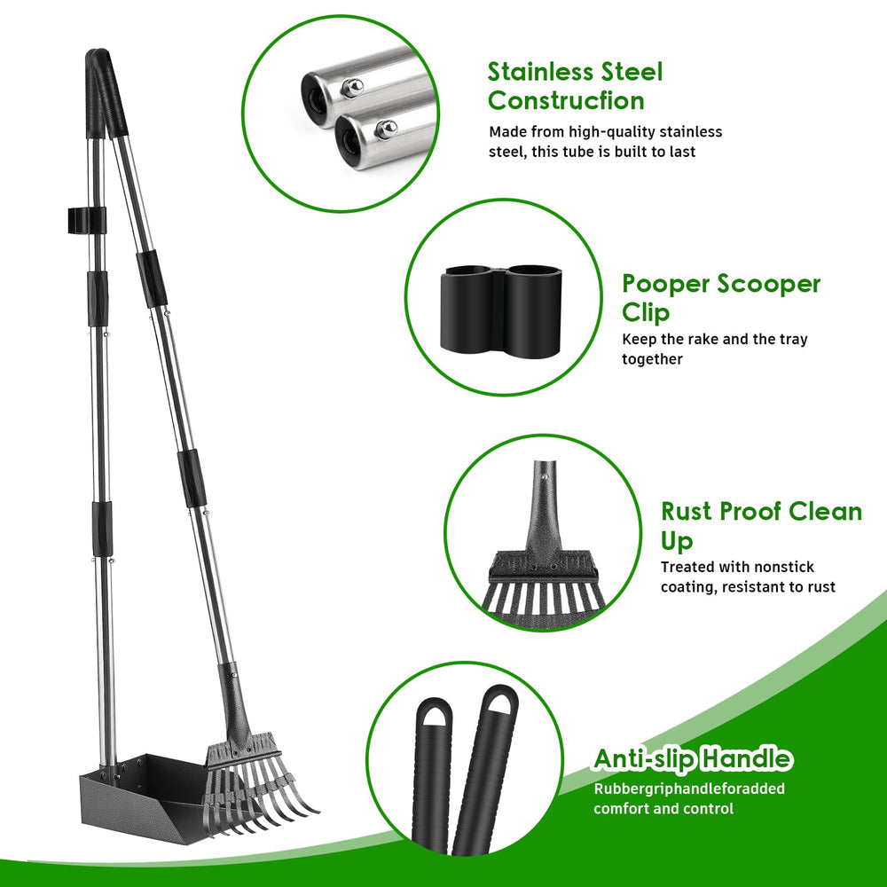 ROIUBPO Pooper Scooper long handle extended for easy reach and reduced bending.
