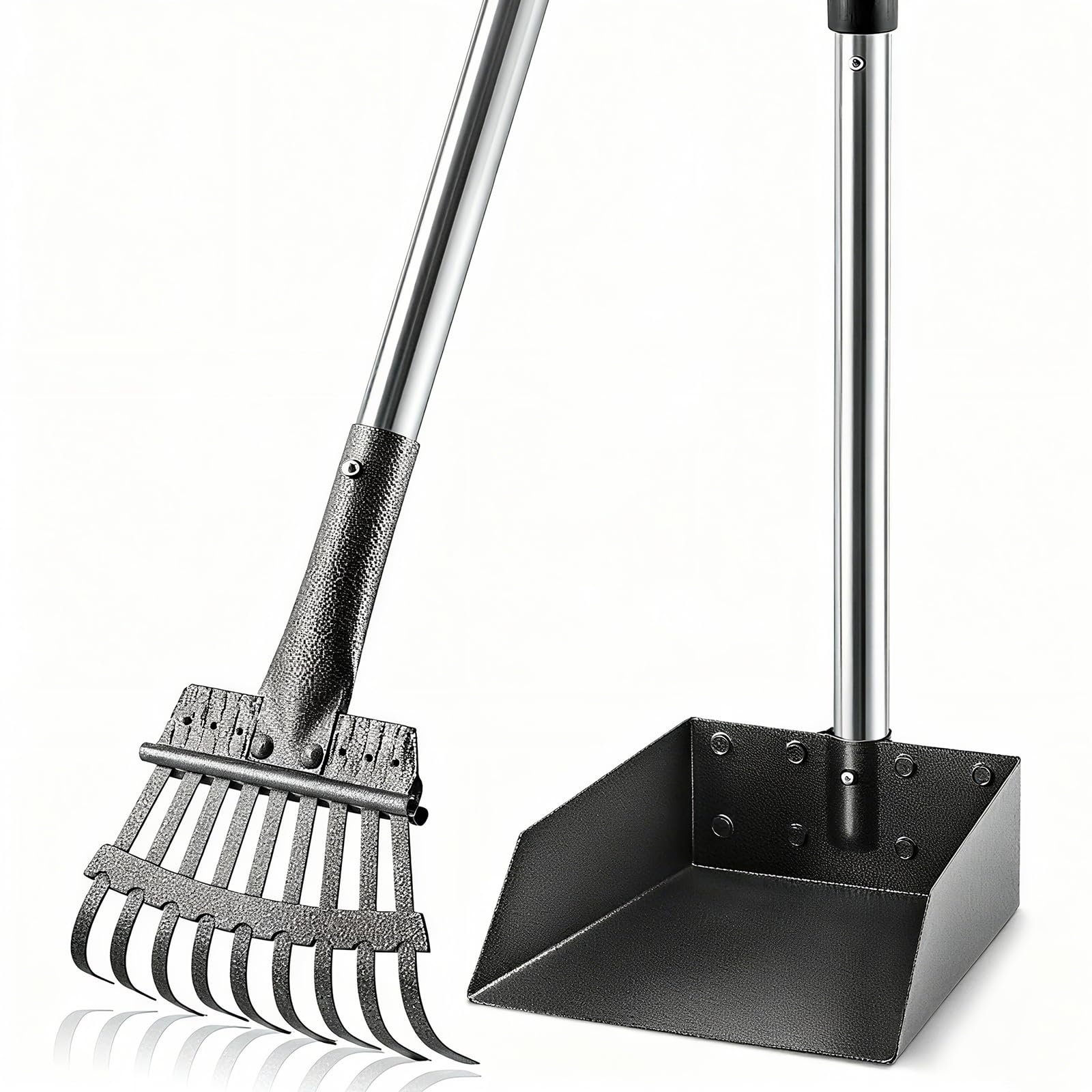 ROIUBPO Pooper Scooper with metal tray and rake for fast outdoor waste cleanup on grass.