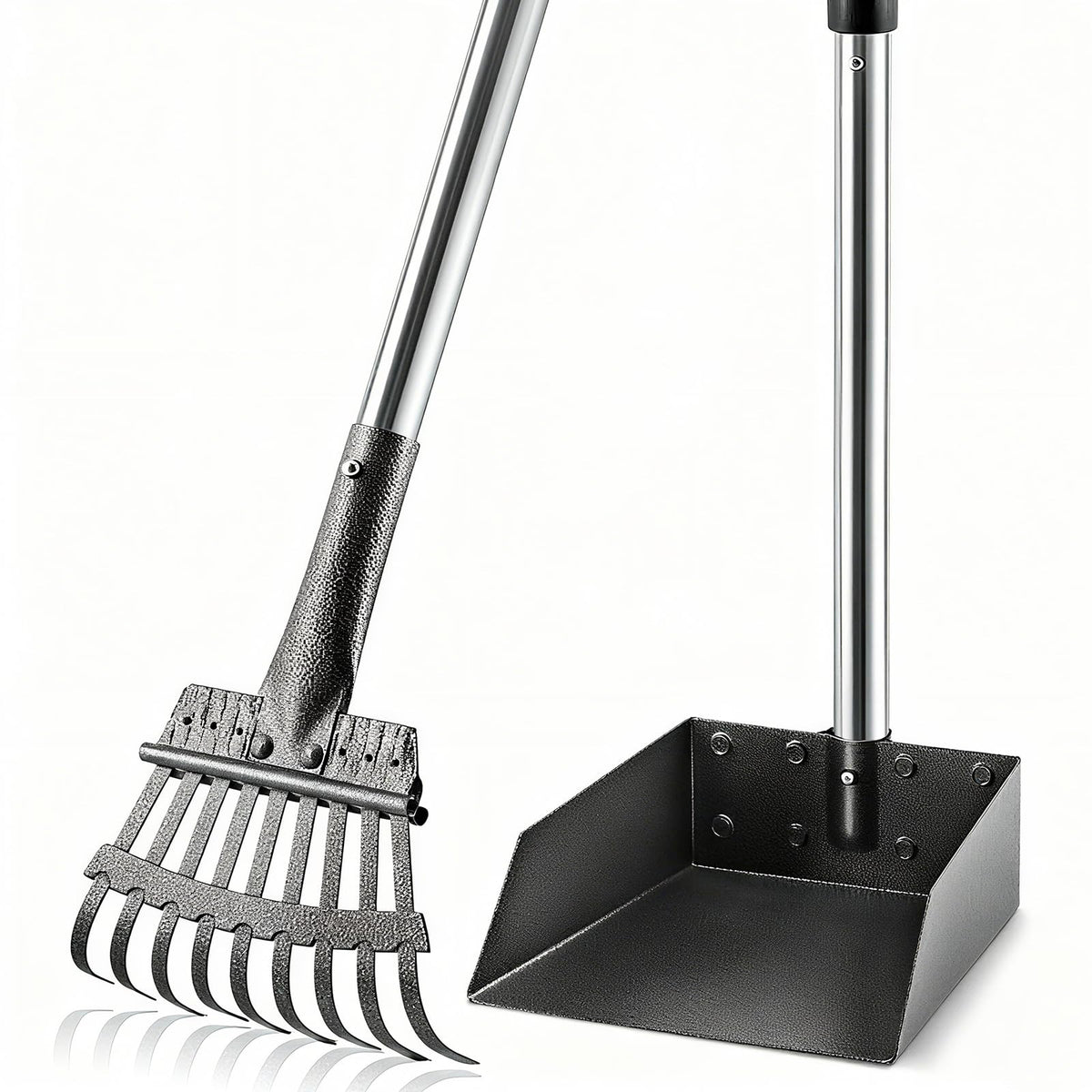 ROIUBPO Pooper Scooper with metal tray and rake for fast outdoor waste cleanup on grass.