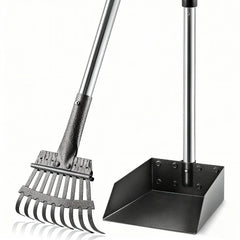 ROIUBPO Pooper Scooper with metal tray and rake for fast outdoor waste cleanup on grass.