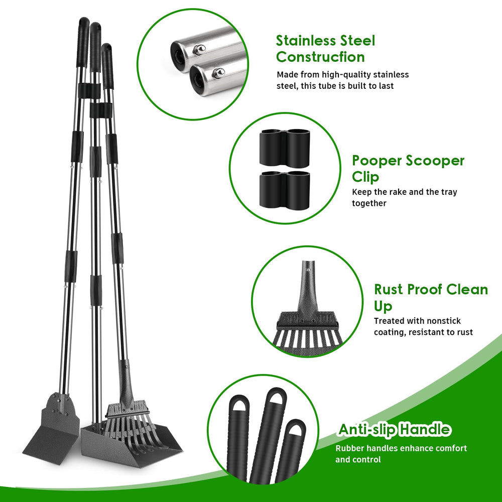ROIUBPO Pooper Scooper adjustable-handle setup with tray-rake-spade for convenient reach.