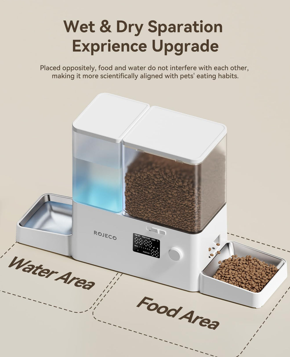 ROJECO 2-in-1 cat feeder and water dispenser with separate compartments.