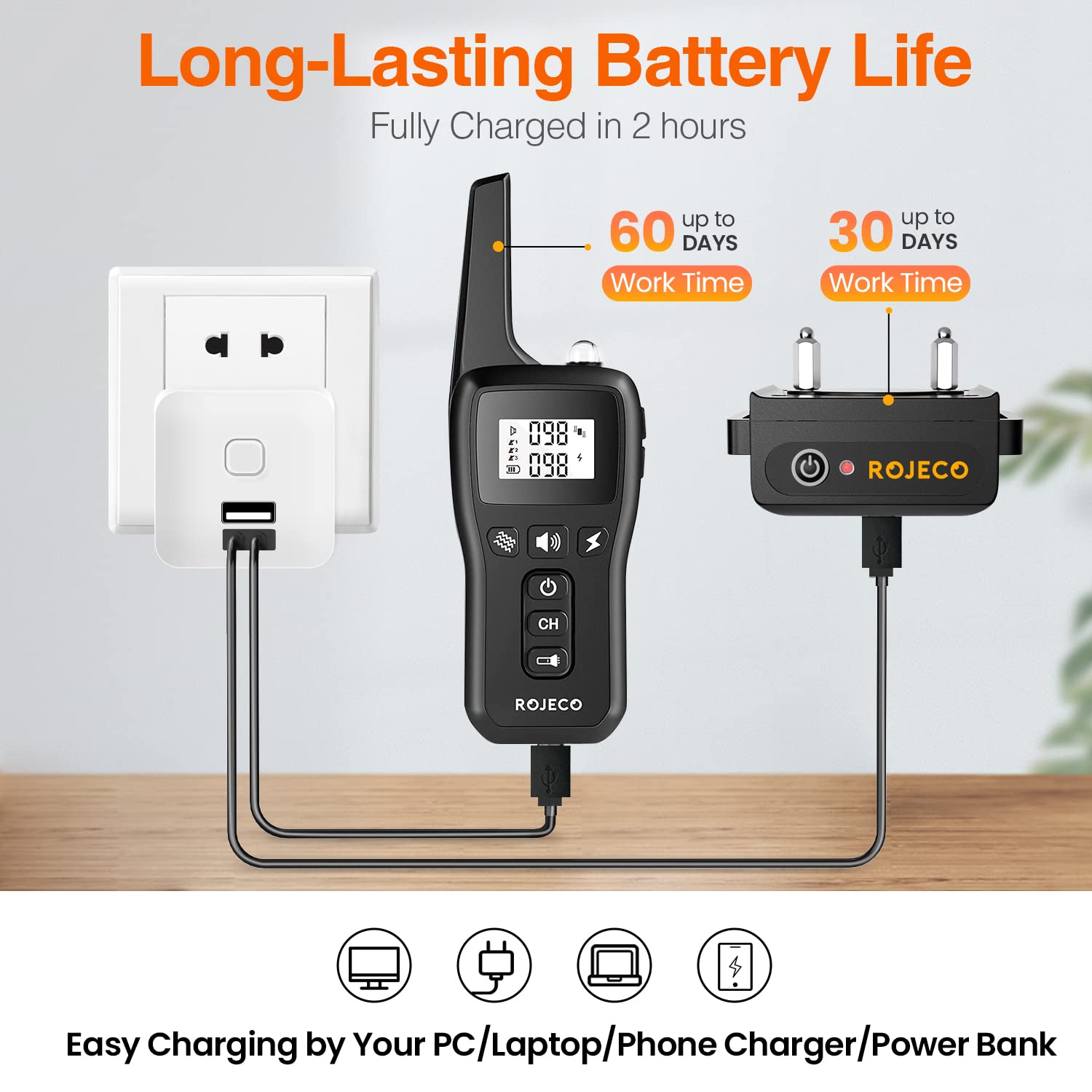 ROJECO battery life: receiver up to 30 days, remote up to 60 days.