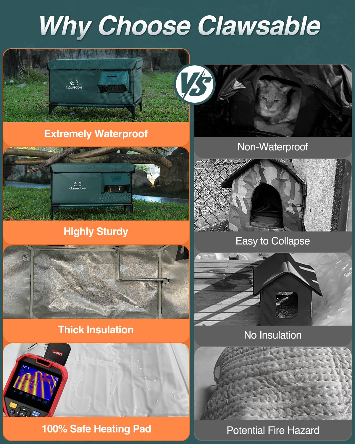 Rolimate elevated base design keeps paws warm and dry on wet ground.