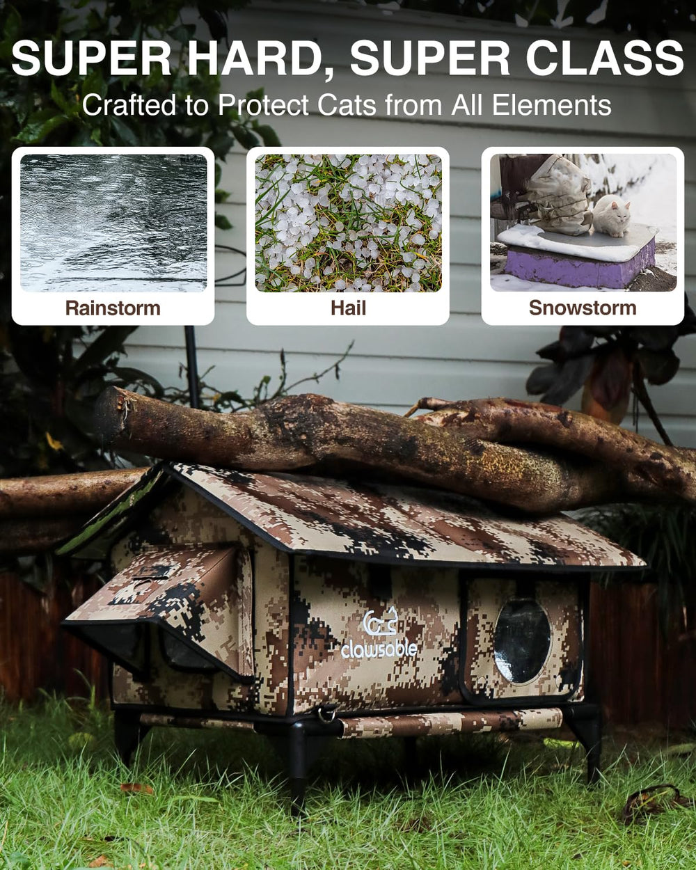 Rolimate heated cat shelter with waterproof awning image highlighting rain protection and dry interior