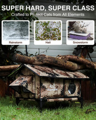 Rolimate heated cat shelter with waterproof awning image highlighting rain protection and dry interior